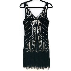 Babeyond Black Dress Flapper Fringe Silver Sequins Small 1920's Gatsby Bling